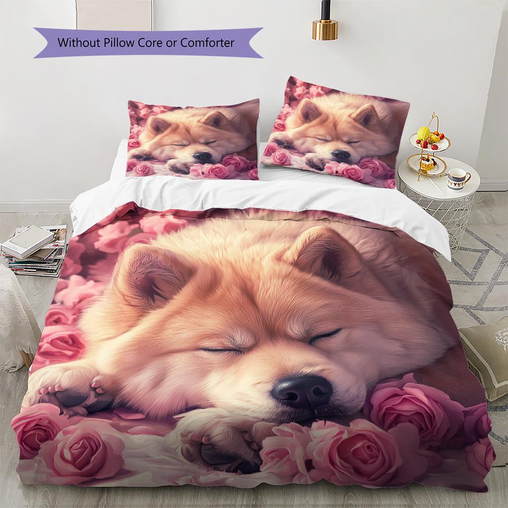 Shiba Inu and Rose Pattern Bedding Home Decoration Birthday Gift (1 * duvet cover + 2 * pillowcase, without core)
