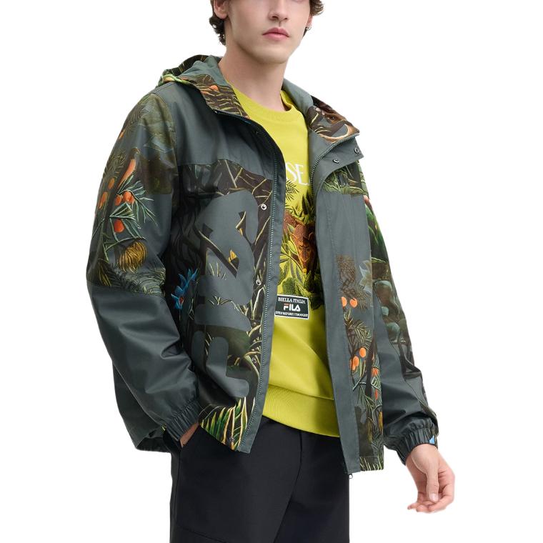 FILA X Rousseau Heritage Series Fashion Casual All-Over Print Loose Hooded Jacket Men jackets Green F11M448705F-ZA