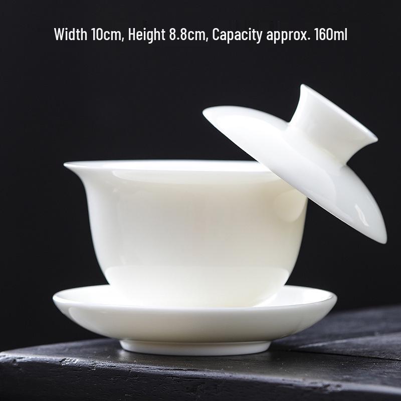 High-Grade Mutton Fat Jade Rotating Lid Bowl and White Porcelain Teapot Set No Specification