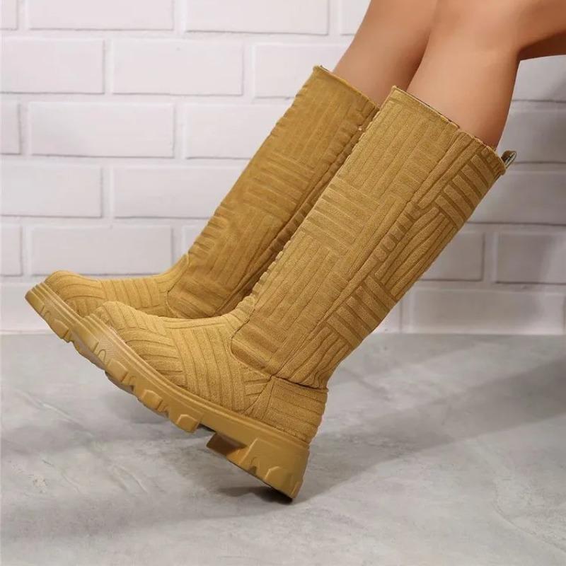 Chic Women Long Boots Brand Design Terry Cloth Knee-high Booties Ladies Thick Sole Pink Green Botas Tone To Tone