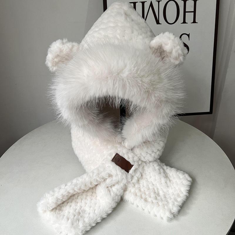 Cute Little Bear Fluffy Hat for Women In Winter Scarf Integrated Warm Ear Protection Hat Thickened Scarf Cold Protection Lei Feng Hat