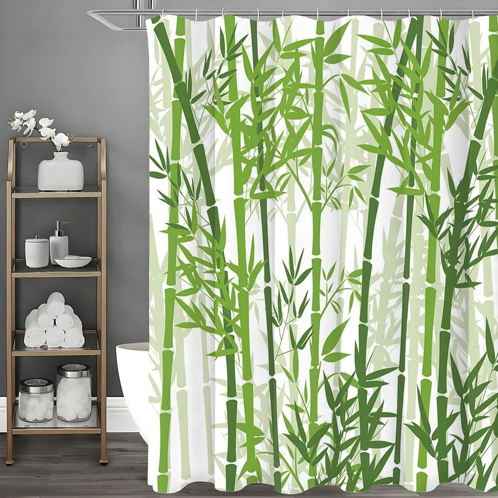 Зеленый бамбук Лист бамбука Шторка для душа, Декоративная шторка для душа в ванную, Водонепроницаемая шторка для душа с крючками W90xH180cm