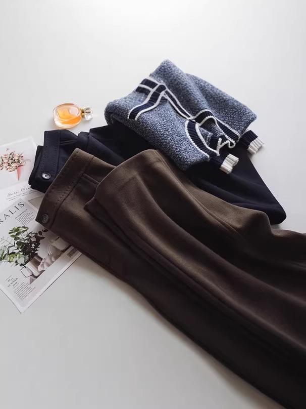 Women's High-Waist Wool Tweed Trousers - Versatile, Thick, Anti-Wrinkle, Drape, Straight Fit for Autumn/Winter