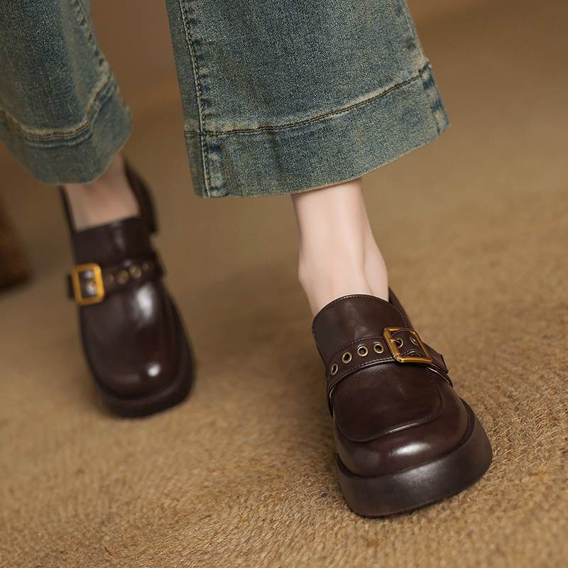 Krazing Pot Cow Skin Autumn Winter Shoes Chunky Heels Size 43 Size 42 Round Toe Slip on Metal Buckle Deep Mouth Pumps