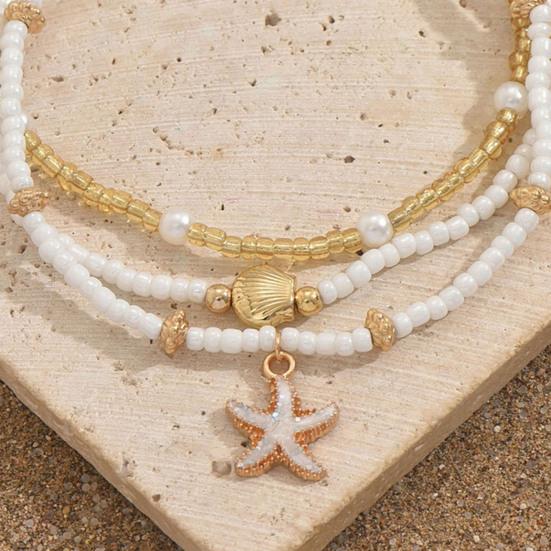 Bohemian Seashell Starfish Anklet Beach Vacation Foot Jewelry with Faux Pearl & Beaded Strands Layered Design Summer Gift for Women