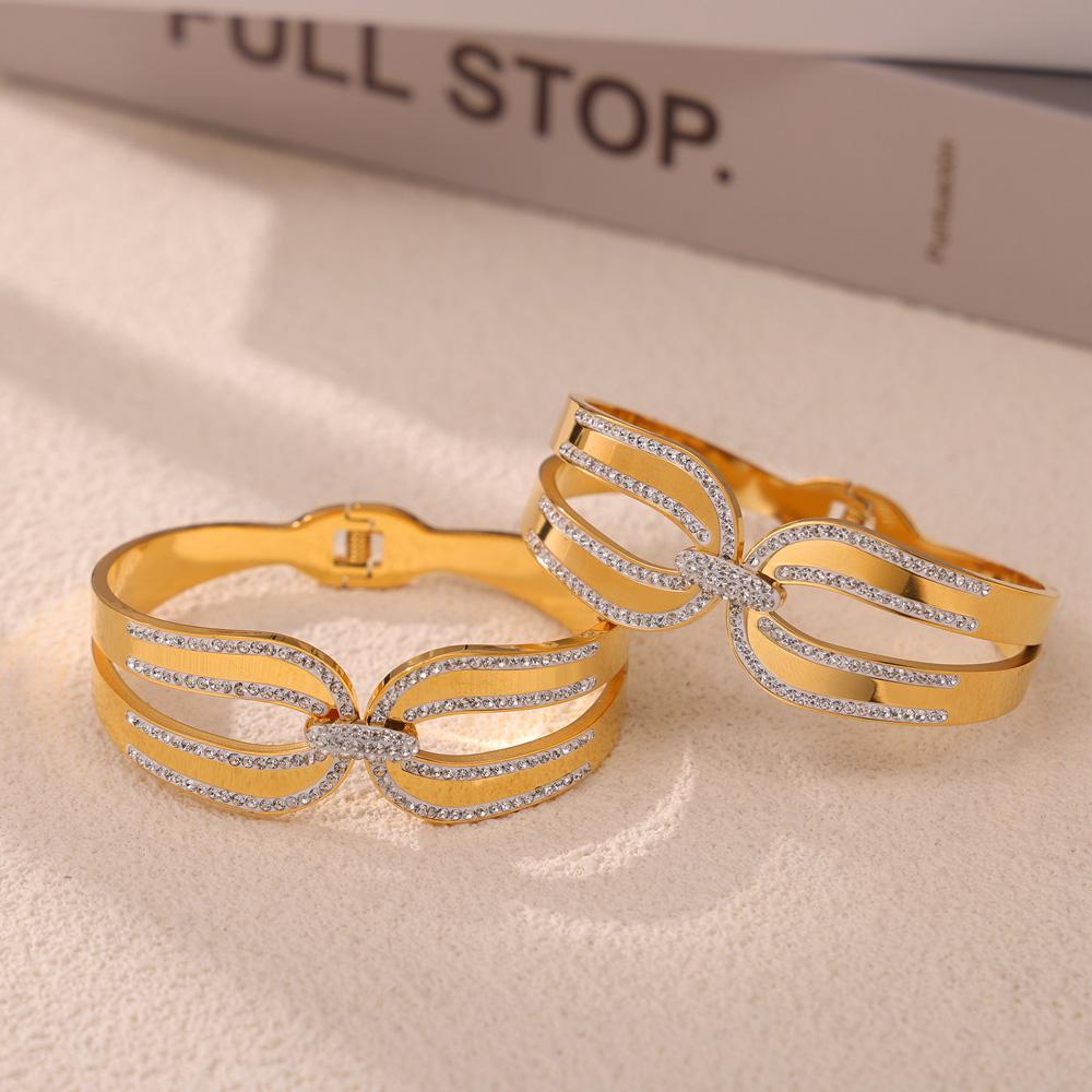 Bowknot Zircon Bangle For Women Gold-Plated Stainless Steel Spring Round Bangle Bracelets Female Wedding Waterproof Zircon