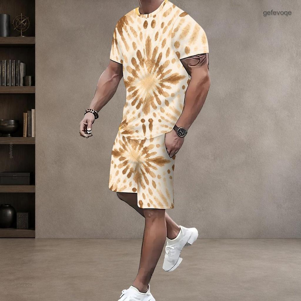 Men Plus Size Round Neck Short Sleeve Yellow Brown Red Printed Tie Dye Two Piece Shorts Set