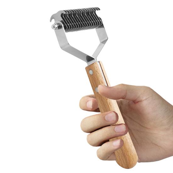 Pet Grooming Rake, Double Sided Detangling Comb Undercoat Rake, with Wooden Handle, Dogs Dematting Tool Remove Tangles Matted And Loose Fur for Medium
