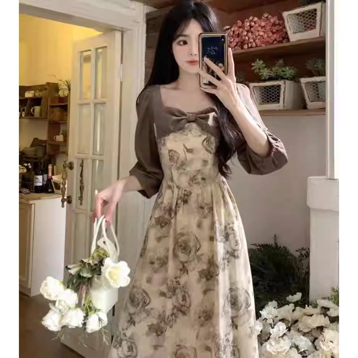 Retro Ink Floral Bow Suspender Skirt Women's Summer New French Gentle Wind Coffee Break Short-sleeved Dress