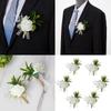 Pack of 6 White Artificial Rose Boutonniere Pin Elegant Bridals Brooch Wedding Groomsmen Accessories Suit Decoration