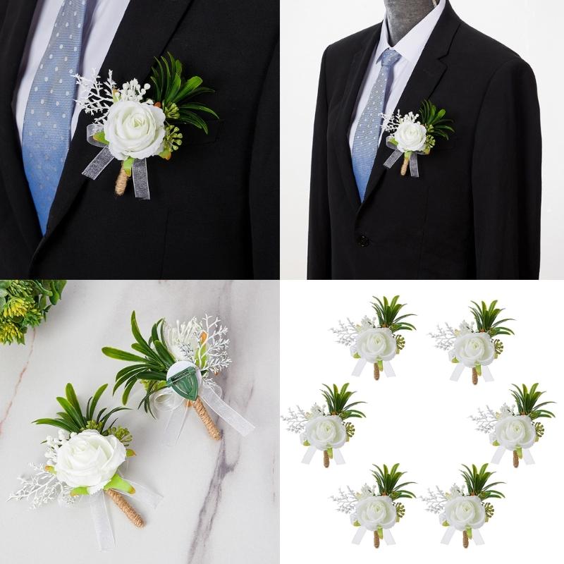 Pack of 6 White Artificial Rose Boutonniere Pin Elegant Bridals Brooch Wedding Groomsmen Accessories Suit Decoration
