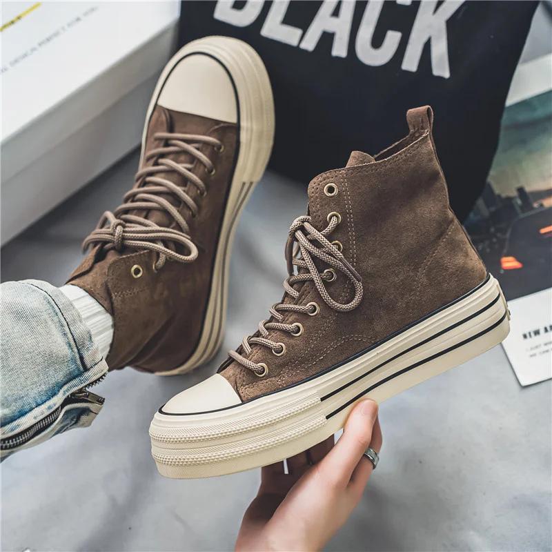 Fashion Men'S Shoes Trend Lace-Up High Top Shoes Mens Vulcanized Vintage Brown Couples Casual Sneakers Comfort Suede Thick Sole