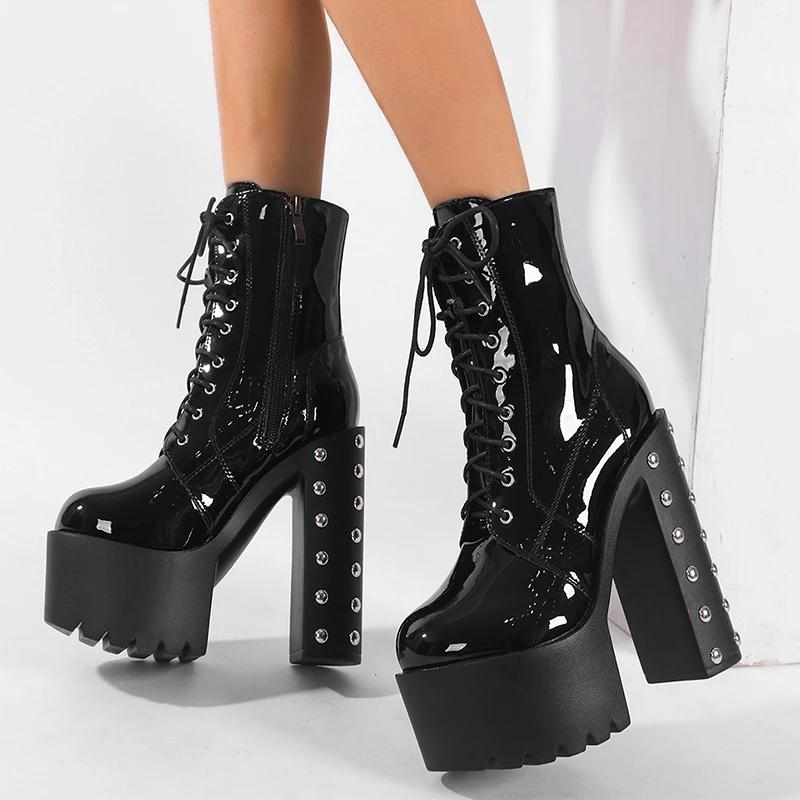 Eilyken Winter Designer Rivet Patent Leather Zipper Women Ankle Boots Platform Round Toe Square Heels Shoes Botines De Mujeres