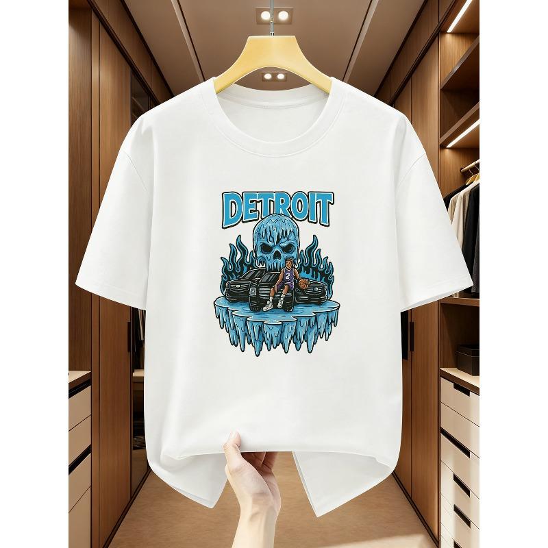 European Size Plus Size Men S T-Shirt Detroit Theme Skull And Car Pattern Men S Short Sleeve T-Shirt Comfortable Casual Short-Sleeved T-Shirt S белый