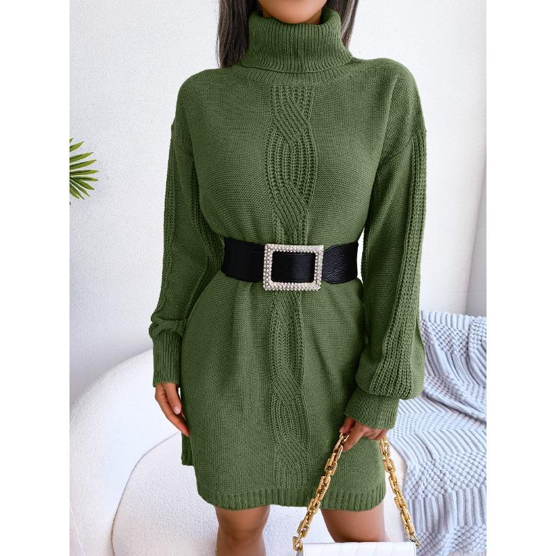 Autumn Winter Womens Casual Turtleneck Lantern Sleeve Knit Dress No Belt