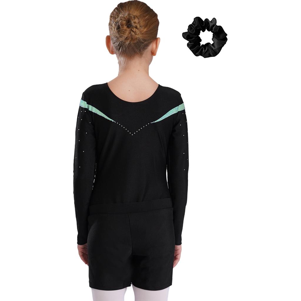 Girls Long Sleeve V Neck Rhinestones Contrast Color Leotard Waistband Shorts Hairband Dance Set