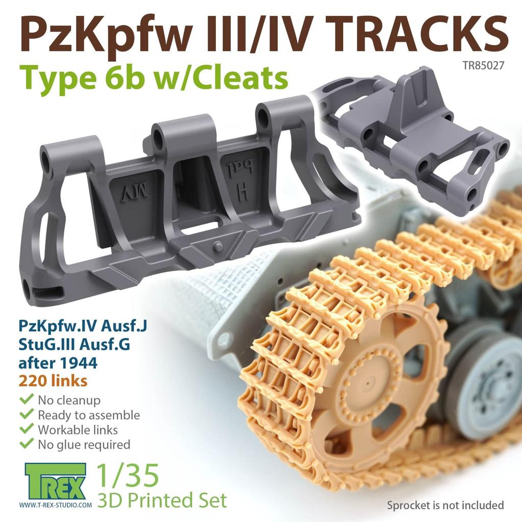T-Rex Studio 1/35 WWII German Type 6b Tracks for III/IV Tanks with Non-Slip Surfaces, Plastic Model Kit Parts TR85027