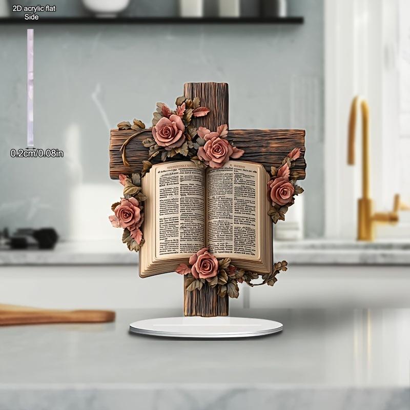 2D Flat, Cross Rose Bookshelf Acrylic Desktop Decoration, with Base, Suitable for Wall Decoration, Porch, Room, Villa, Accents Home, Hallway, or Workp