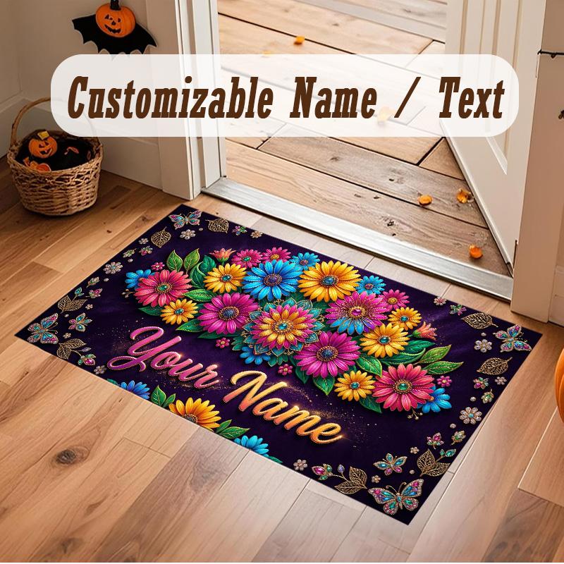 Floral Garden Theme Soft Crystal Velvet Rug Custom Name & Text Print Non Slip Floor Rug for Bedroom Living Room