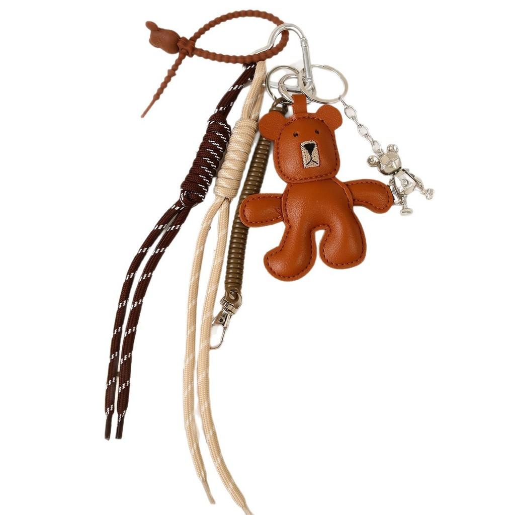 Leather Brown Bear Keychain With Articulated Limbs And Geometric Design For Fashion Accessories