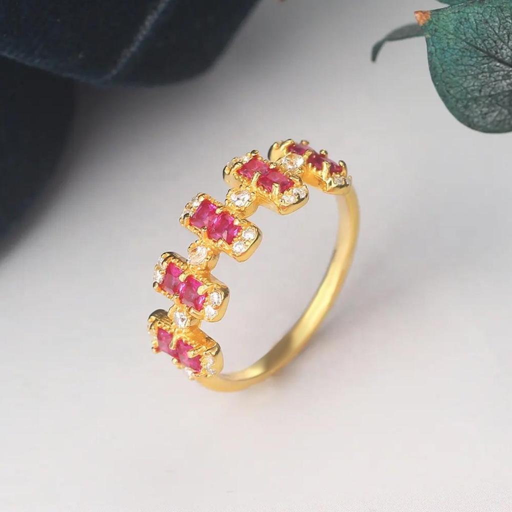 Elegant Retro Japanese Court Style Signet Ring with Imitation Ruby & Gold-Plated 925 Silver Cubic Zirconia
