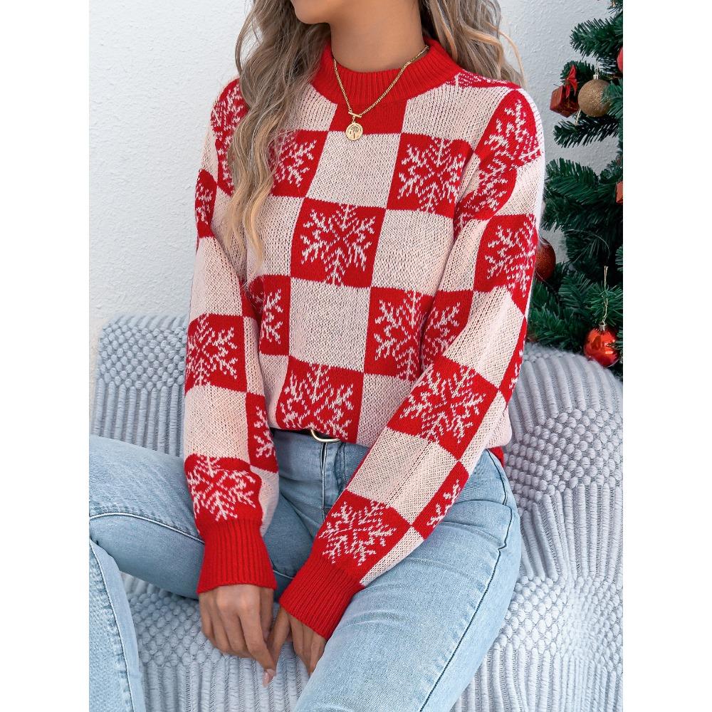 Autumn and Winter Women's Clothing Christmas Snowflake Checkered Lantern Long-sleeved Pullover Sweater