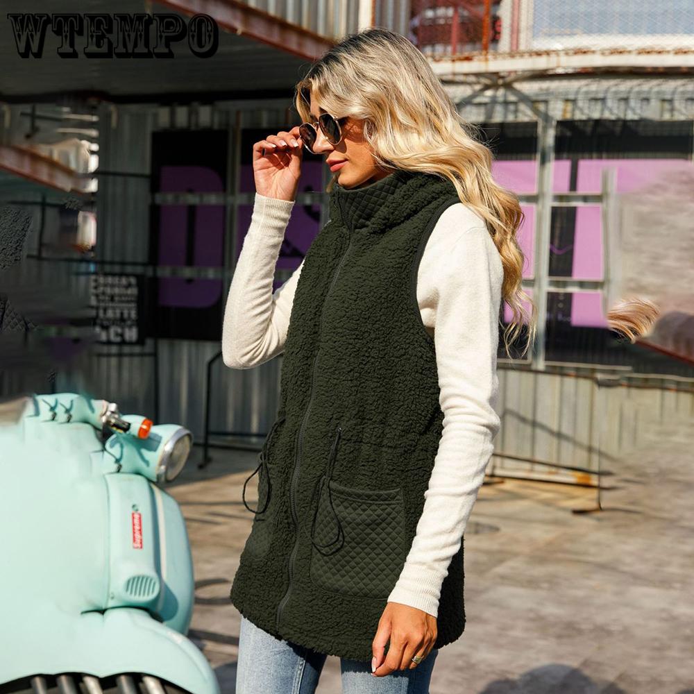 Autumn Women's Hooded Sleeveless Colorblocking Pocket Buttonless Mid-Length Cardigan Bubble Fleece Jacket