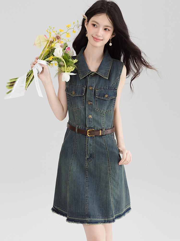 Hong Kong style temperament collar sleeveless vest dress women's summer small slim denim skirt