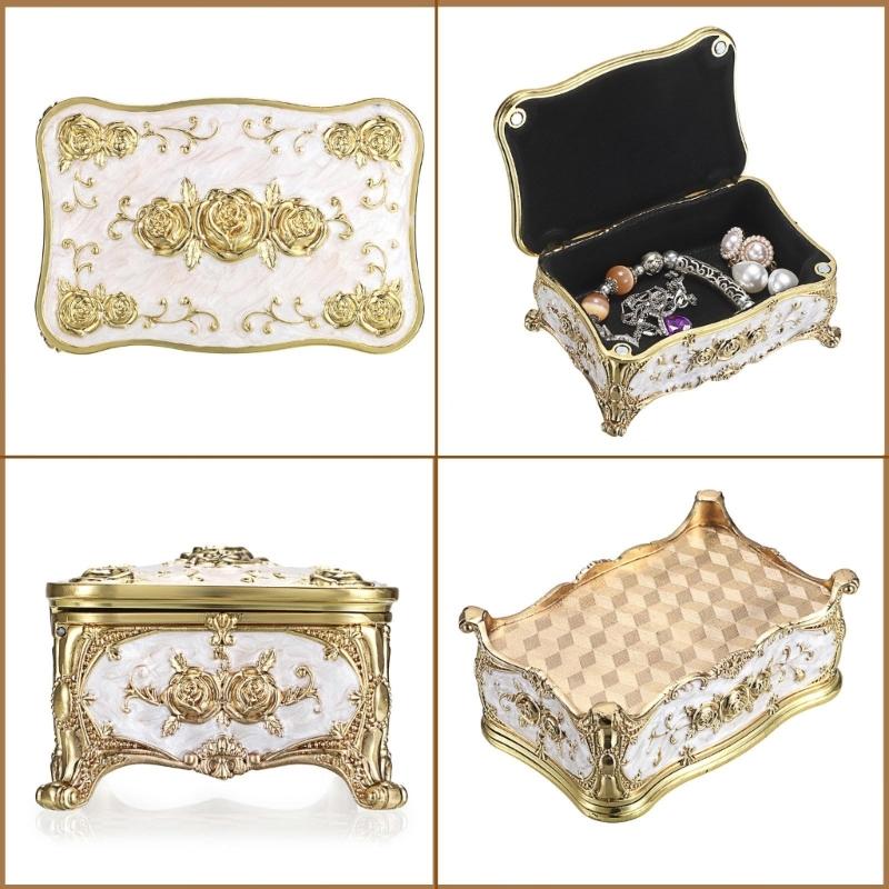 Elegant Floral Engraved Metal Jewelry Organiser with Zinc Alloy Construction and Plush Interior Compartments