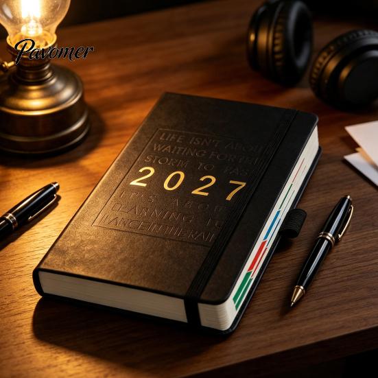 Business Notebook with Pen Holder 2027 English Weekly Planner A5, 320 Page Schedule Elastic Academic Calendar for School Band & Holder, Yearly