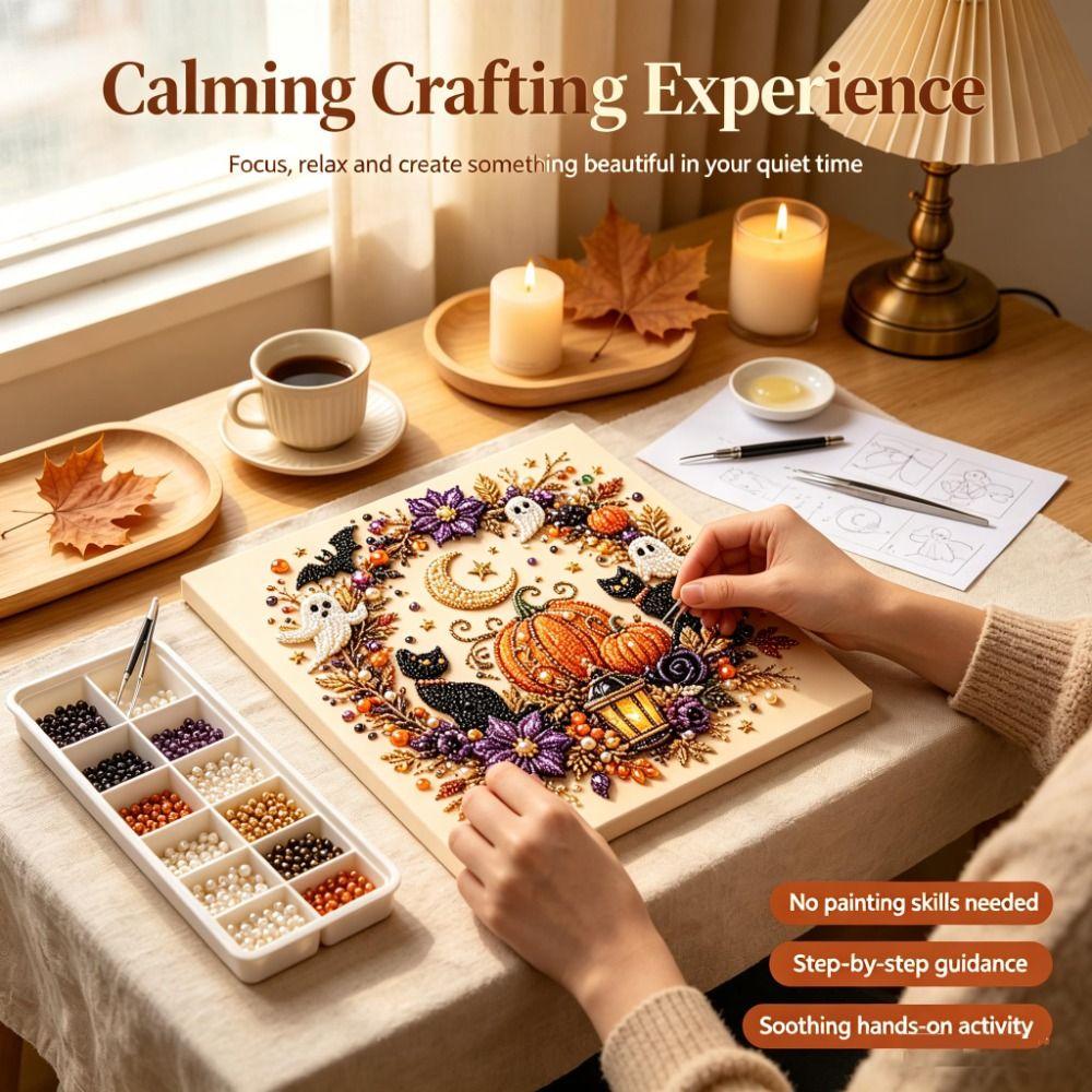 Resin Pearls DIY Pearl Art Kit Preprinted Canvas Halloween Pearl Art Seasonal Home Decor