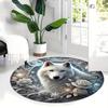 Elegant White Rose and Wolf Pattern Design Round Area Rug for Living Room, Bedroom and Patio Decor