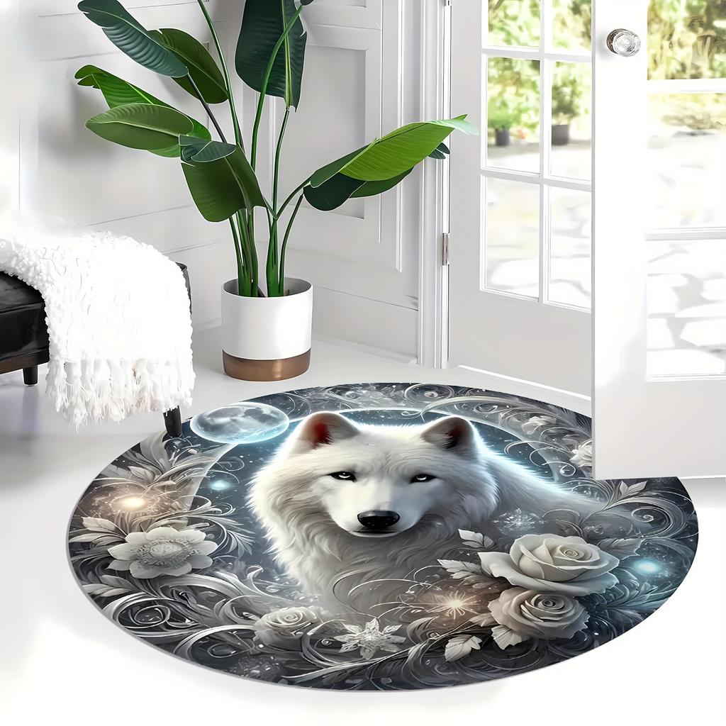 Elegant White Rose and Wolf Pattern Design Round Area Rug for Living Room, Bedroom and Patio Decor