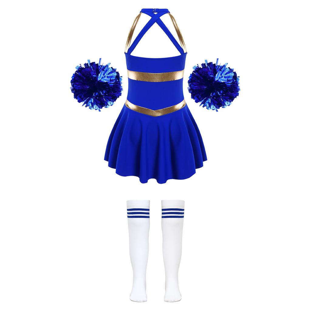 Girls Cheer Costume Sleeveless Crisscross Back Letter Print Patchwork Dress Pom Poms Striped Socks Set