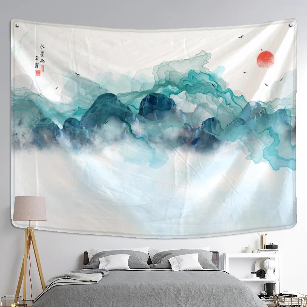 Mountain And River Ink Painting Tapestry Wall Hanging Bohemian Style Ins Hippie Psychedelic Home Decor