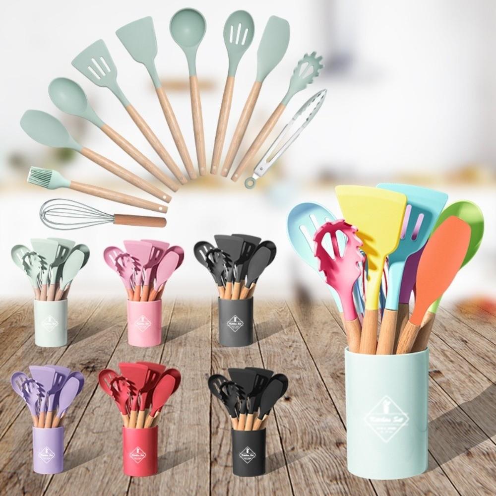 12Pcs /set Silicone Material Kitchen Utensil Set Multi-Purpose Tools Heat Resistant Silicone Spatula Set Non-Stick Design