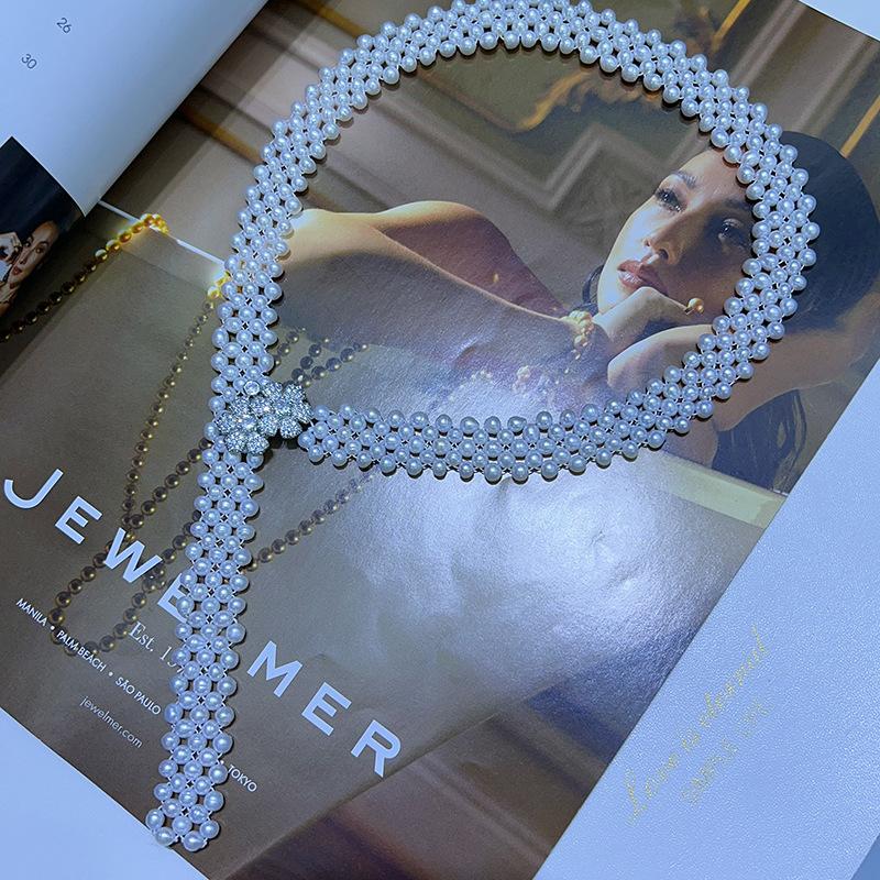 V Shape Woven Tassel Pearl Collarbone Chain White Freshwater Floral Buckle