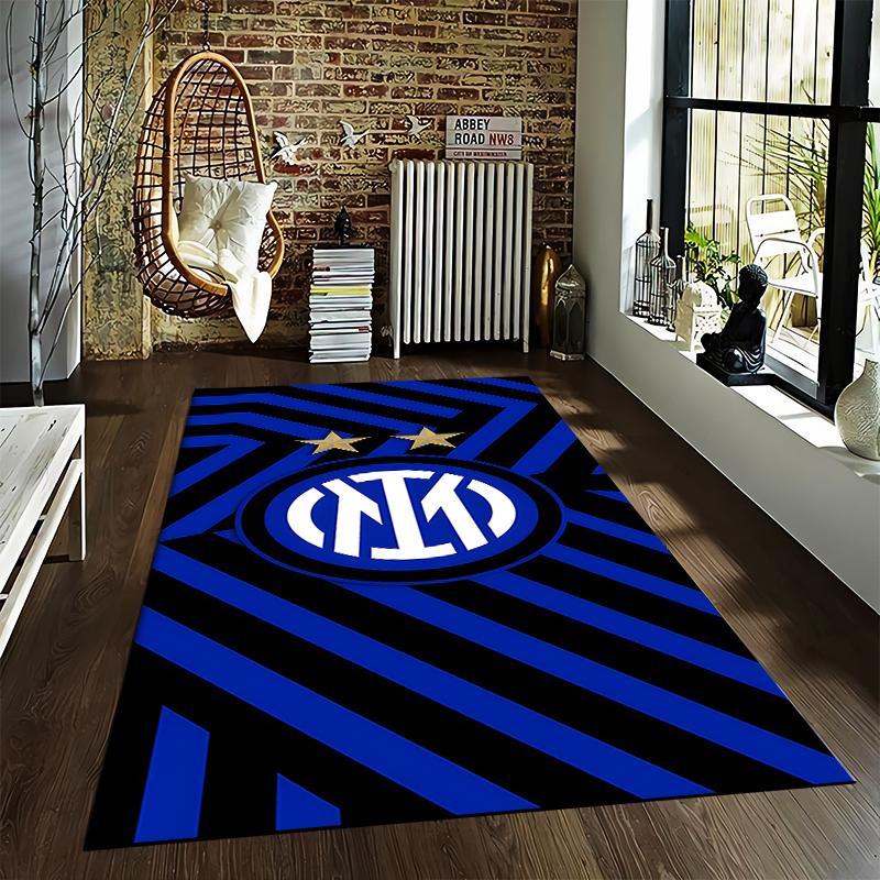 Blue and Black Striped Carpet with Inter Logo and Two Stars Pattern Suitable for use as an anti-slip for living room bedroom sofas