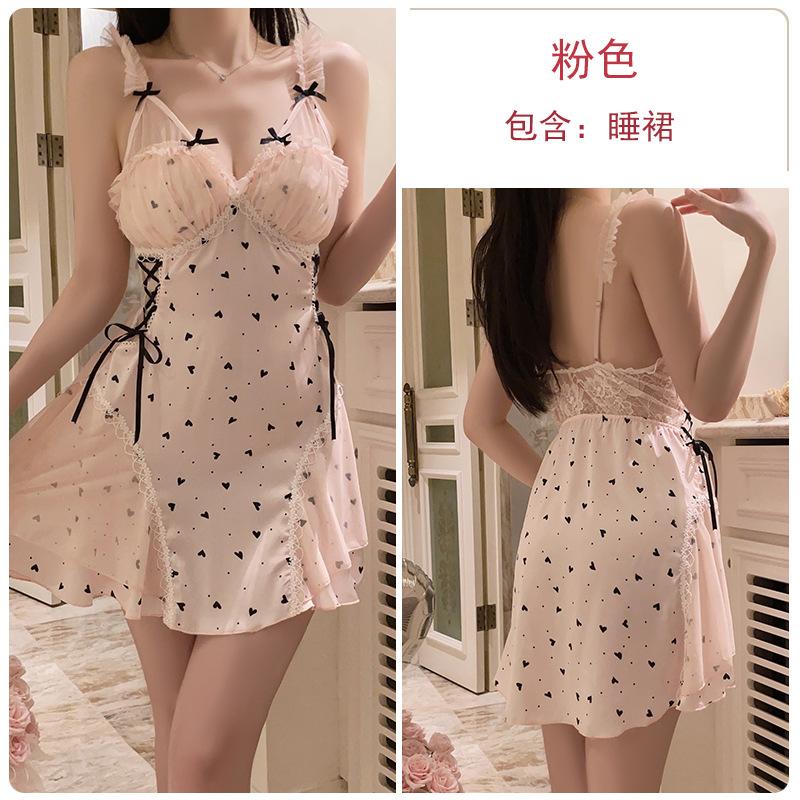 

Sexy strap pajamas passion temptation plus chest pad large size satin pure desire pajamas loungewear set M розовый