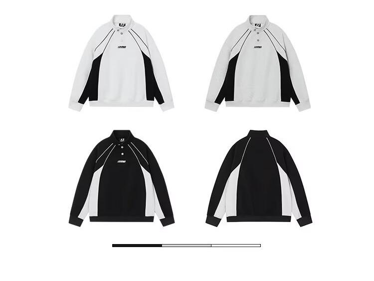 2025 Trendy Hong Kong Style Color Block Polo Shirt with Embroidery Lettering - Men's Retro Loose Hoodie