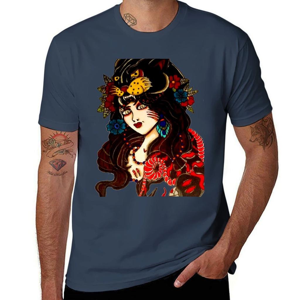 Lady With Panther Cowl Traditional Tattoo Art Tshirt Unisex T Shirts For Unisex Unisex T Shirt Designer Tshirt