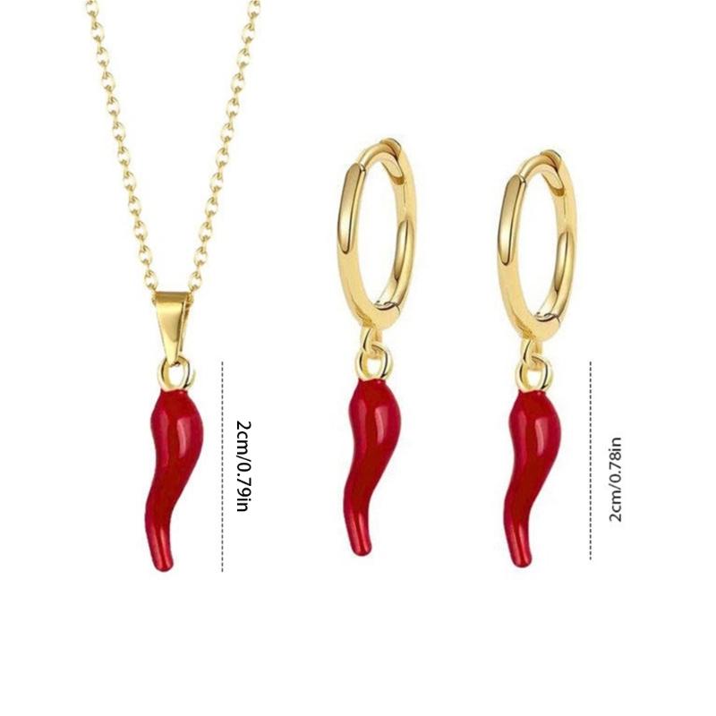 Creative Enamel Red Chilis Pendant Necklace With Matching Earrings Gold Plated Stainless Steel Jewelry Set For Women