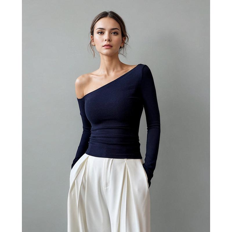 

Women’s Dark Blue One-Shoulder Long-Sleeve T-Shirt, Spring/Autumn, Slim Fit, Off-Shoulder Design, Base Layer L (weight 105-115) темно-синий