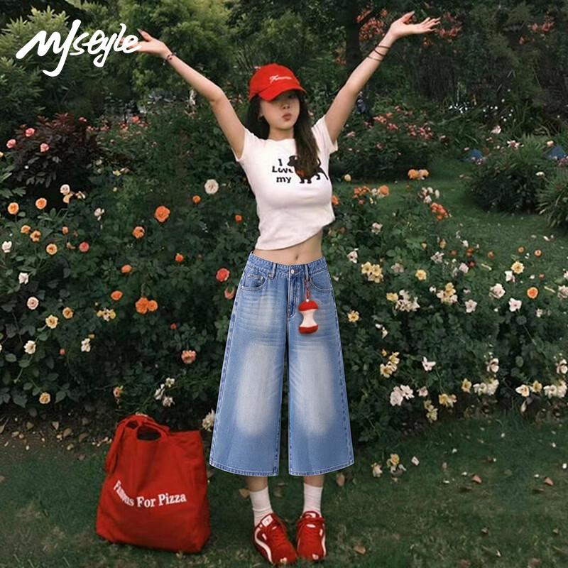 MJ Style Women s American Retro Wide-Leg Cropped Jeans L