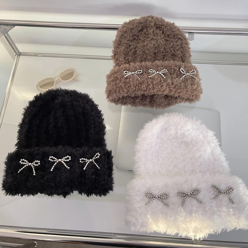 Girls Slouchy Beanie with Metal Bowknot Decals Winter Student Outdoor Cycling Skiing Climbing Hat Cold Weather Hat