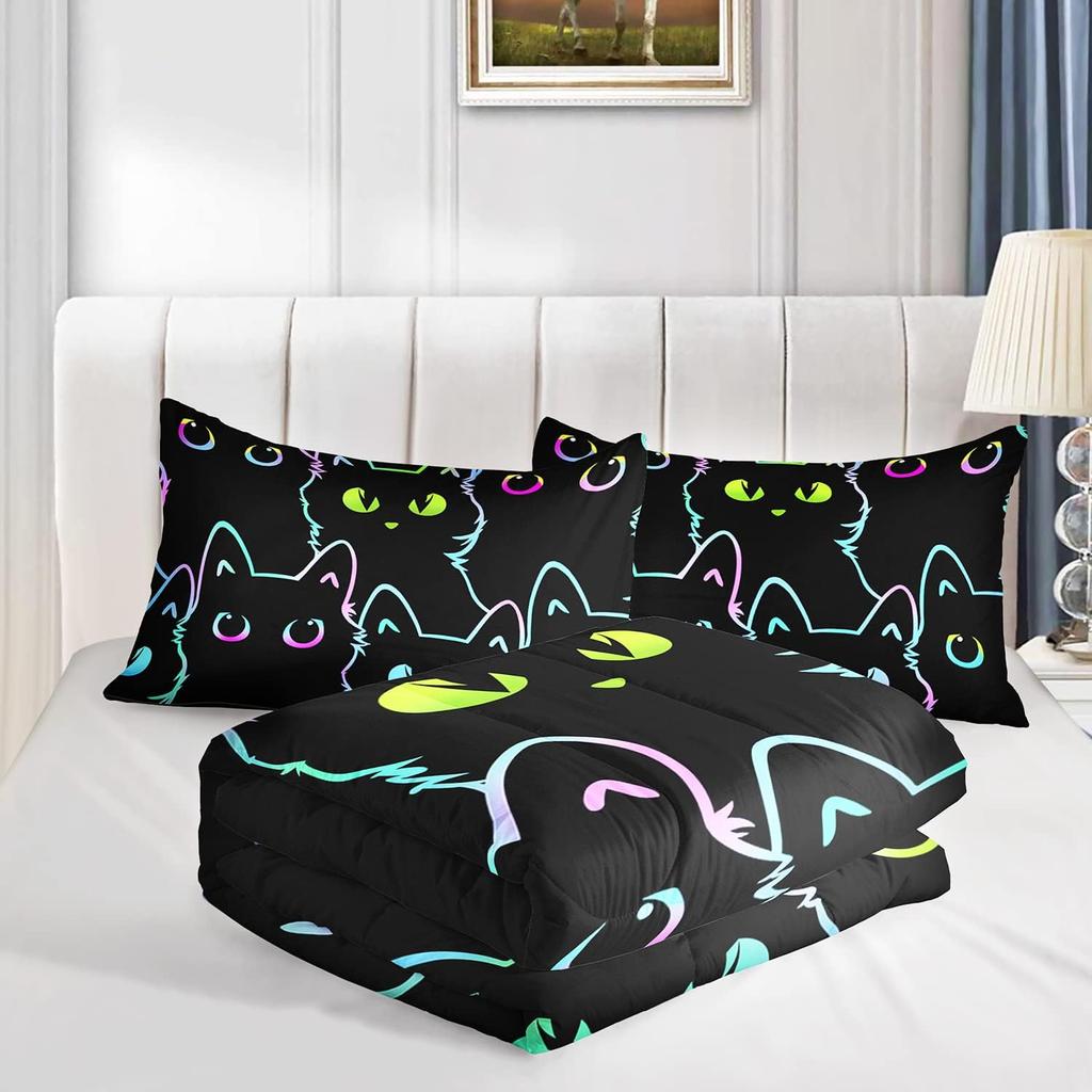 Axolotl Kids Bedding Cartoon Cat Comforter Set Twin Size,Gradient Line Cute Cat Bedding Set for Teens Boys Girls Adults Room Decor,Kids Comforter Set