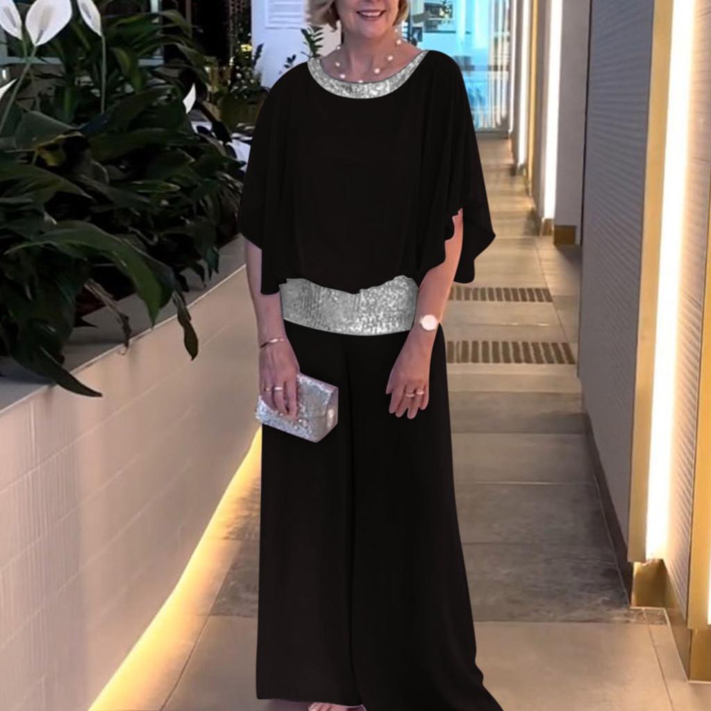 Women's Fashion Color Round Neck Sequin Patchwork Short Sleeve Top Wide Leg Pants Set
