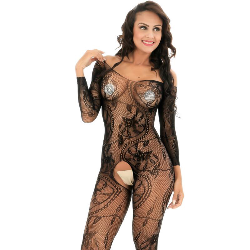 Jednoczęściowy, siateczkowy, aksamitny bodycon z długimi rękawami Dragon Flower Body Mujer Body