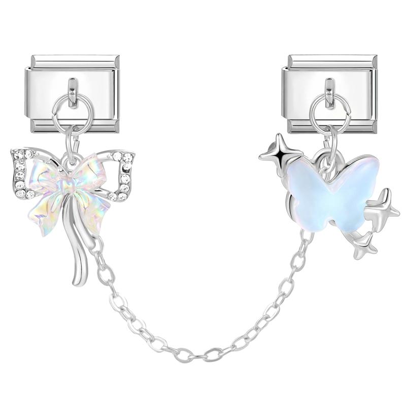 Zircon Long Tassel Butterfly Bow Knot Heart Italian Charm Links Fit 9mm Bracelet Stainless Steel DIY Jewelry Making