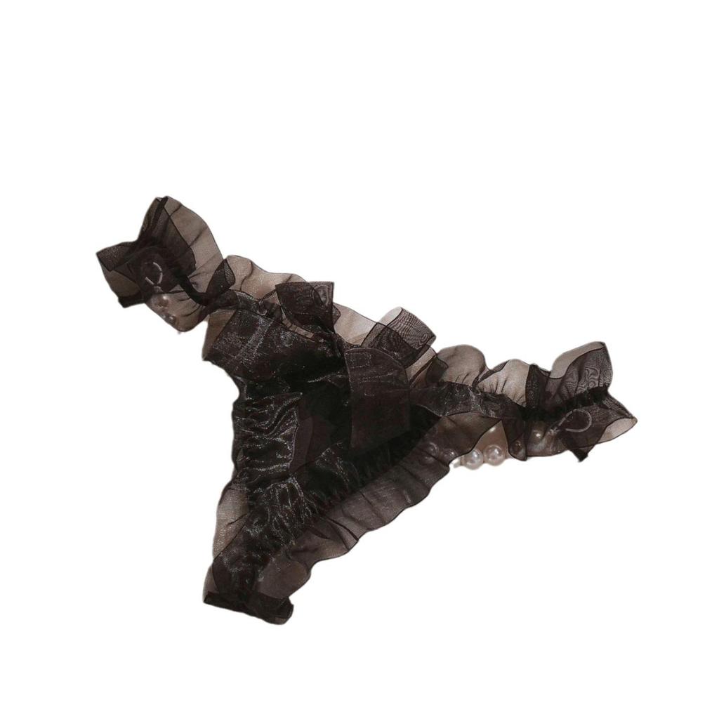 Sexy krajková tanga s nízkým pasem s korálkovými detaily a šifonovou volánkovou ozdobou pro ženy